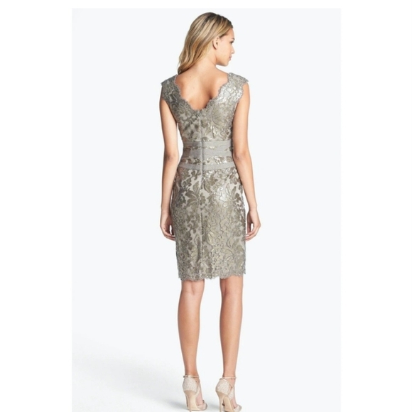New Tadashi Shoji Taupe Sequin Lace Sheath Midi Dress Size 12 P Petite Sleevless - Picture 2 of 9